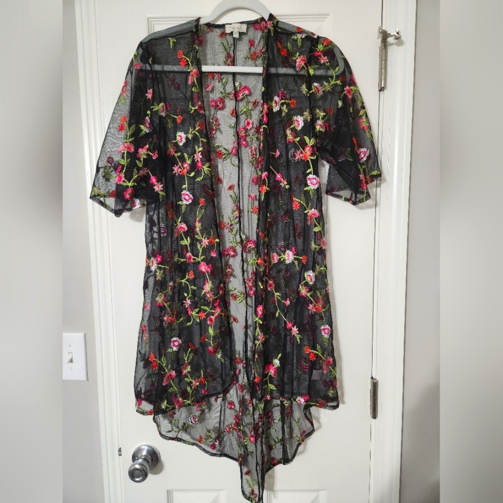 Chenault Floral Print Black Sheer Duster Size Large L